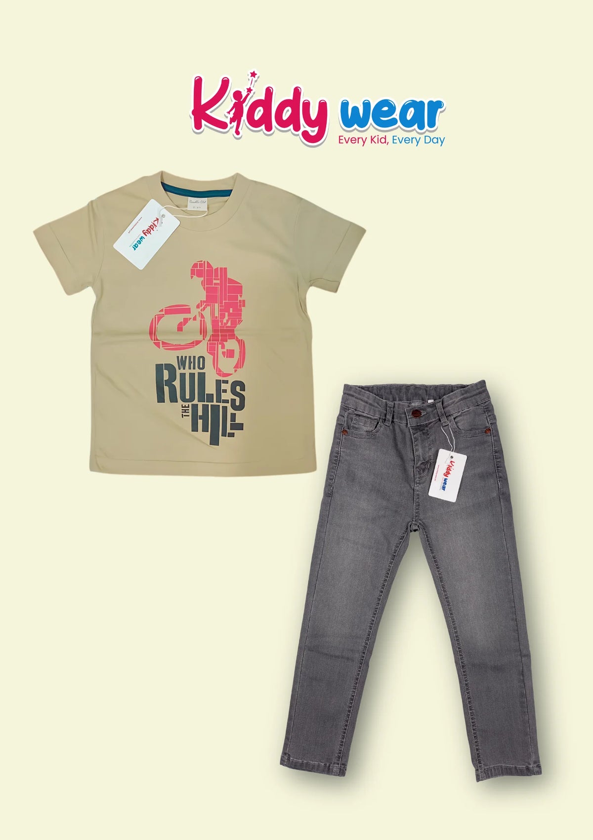 Kids' Khaki "Rules the Hill" Tee & Grey Jeans Set