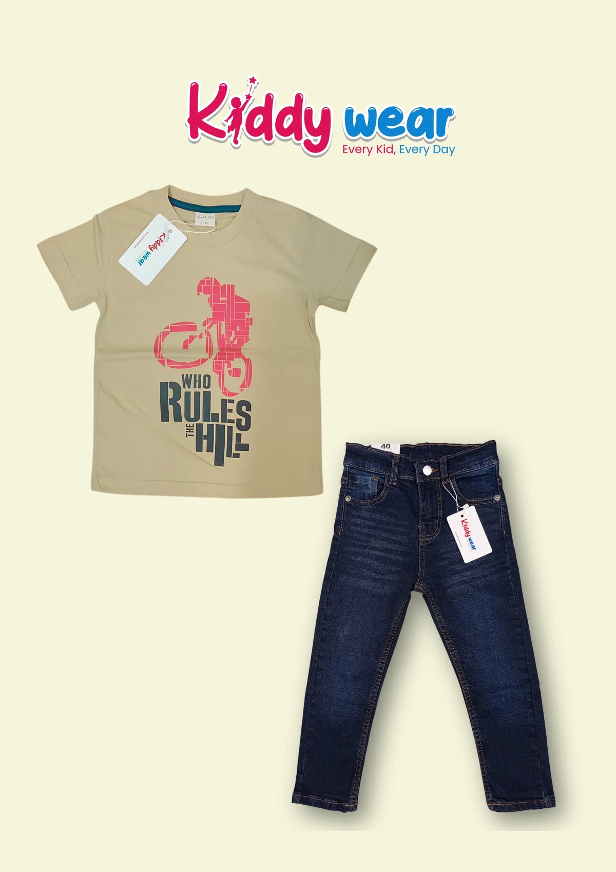 Kids' Khaki "Rules the Hill" Tee & Dark Blue Jeans Set