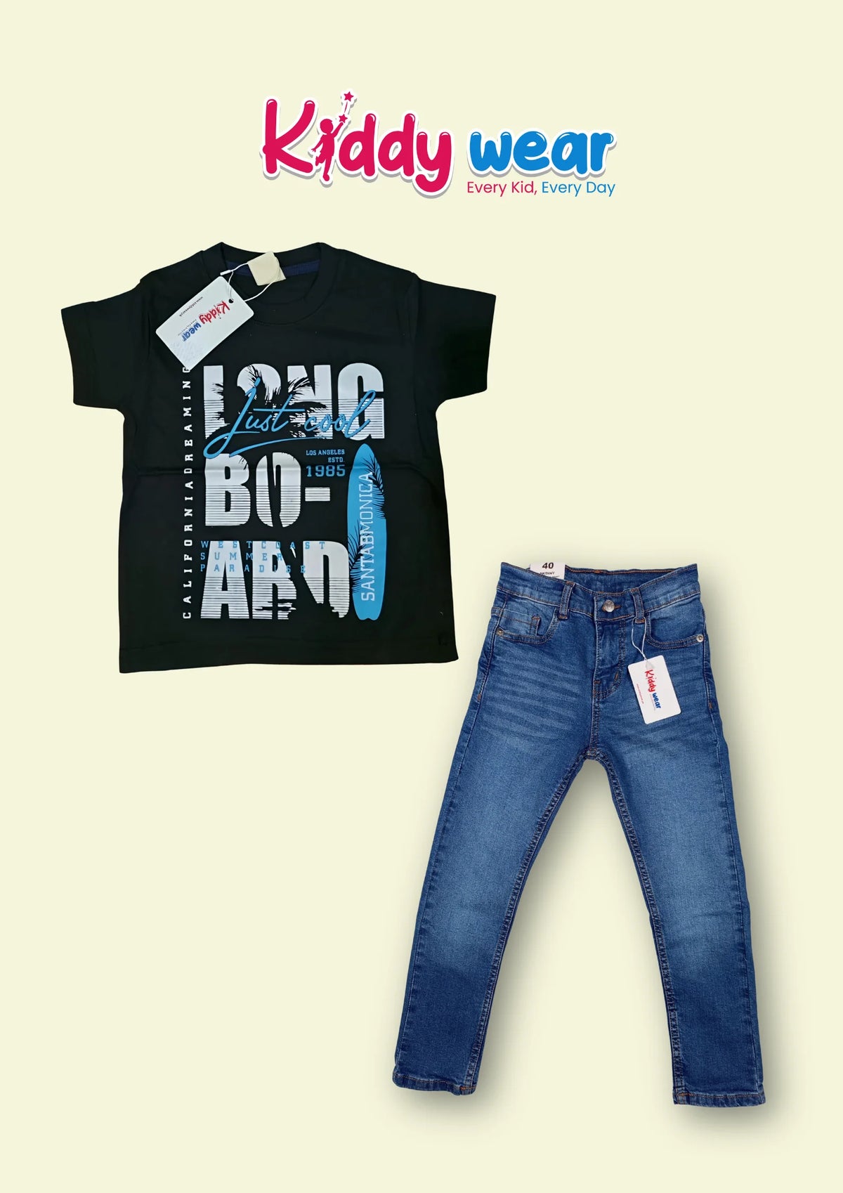 Kids' Black Long Board Tee & Blue Jeans Set
