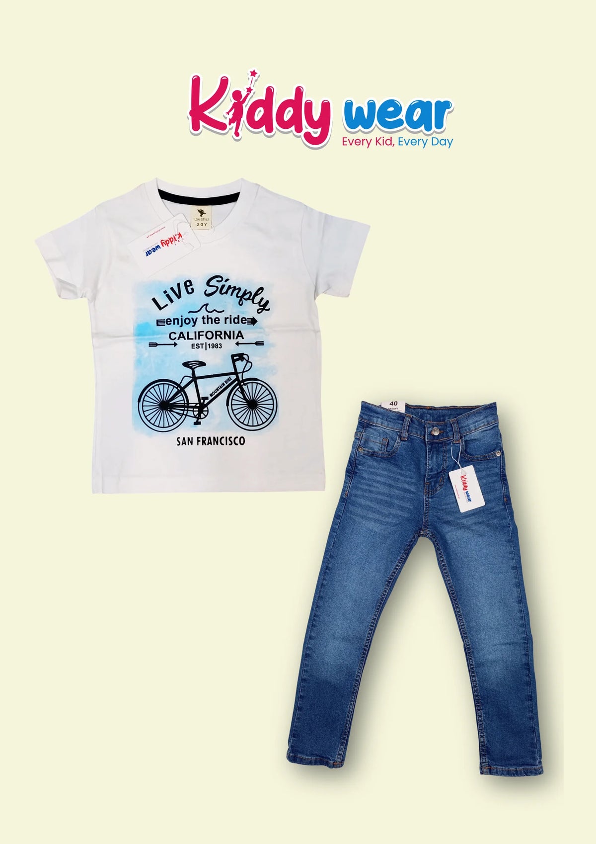 Live Simply" Bicycle Graphic White T-Shirt & Blue Jeans Set