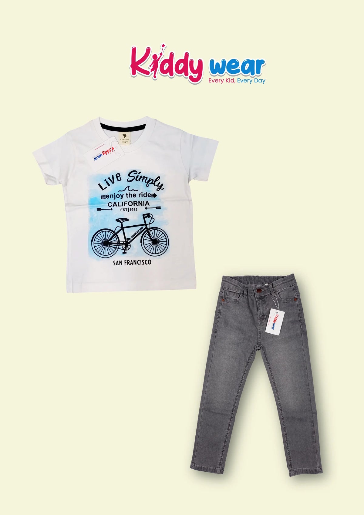 Live Simply" Bicycle Graphic White T-Shirt & Grey Jeans Set