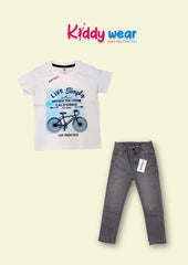 Live Simply" Bicycle Graphic White T-Shirt & Grey Jeans Set