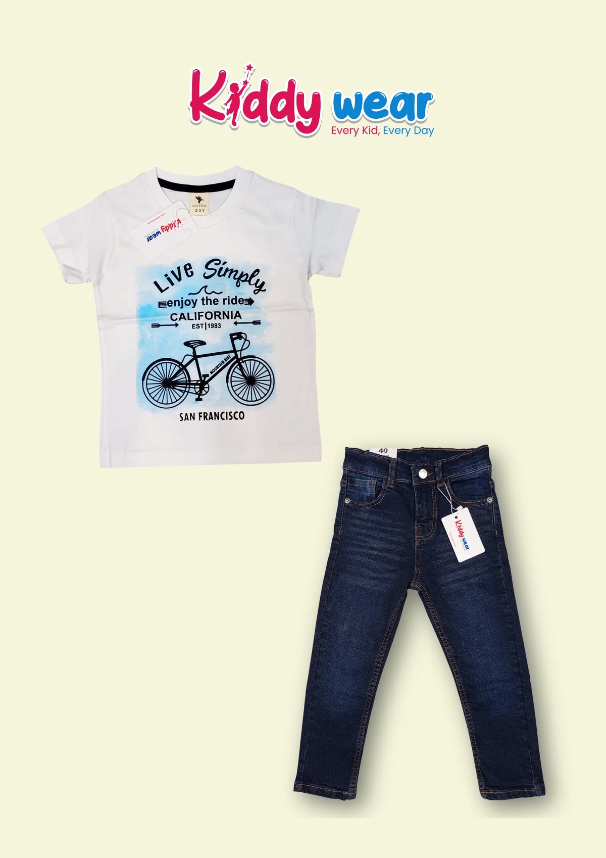 Kids' White Bicycle Tee & Dark Blue Jeans Set - Kiddy Wear