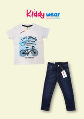 Kids' White Bicycle Tee & Dark Blue Jeans Set - Kiddy Wear