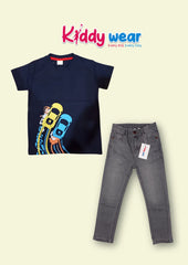 Navy Blue Graphic T-Shirt & Grey Denim Jeans for Kids