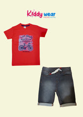Comfortable Kids' Red Bicycle Graphic T-Shirt with Denim Shorts