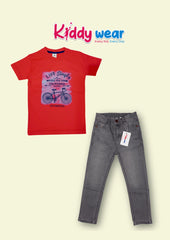 Live Simply" Bicycle Graphic Red Tee & Grey Jeans Set