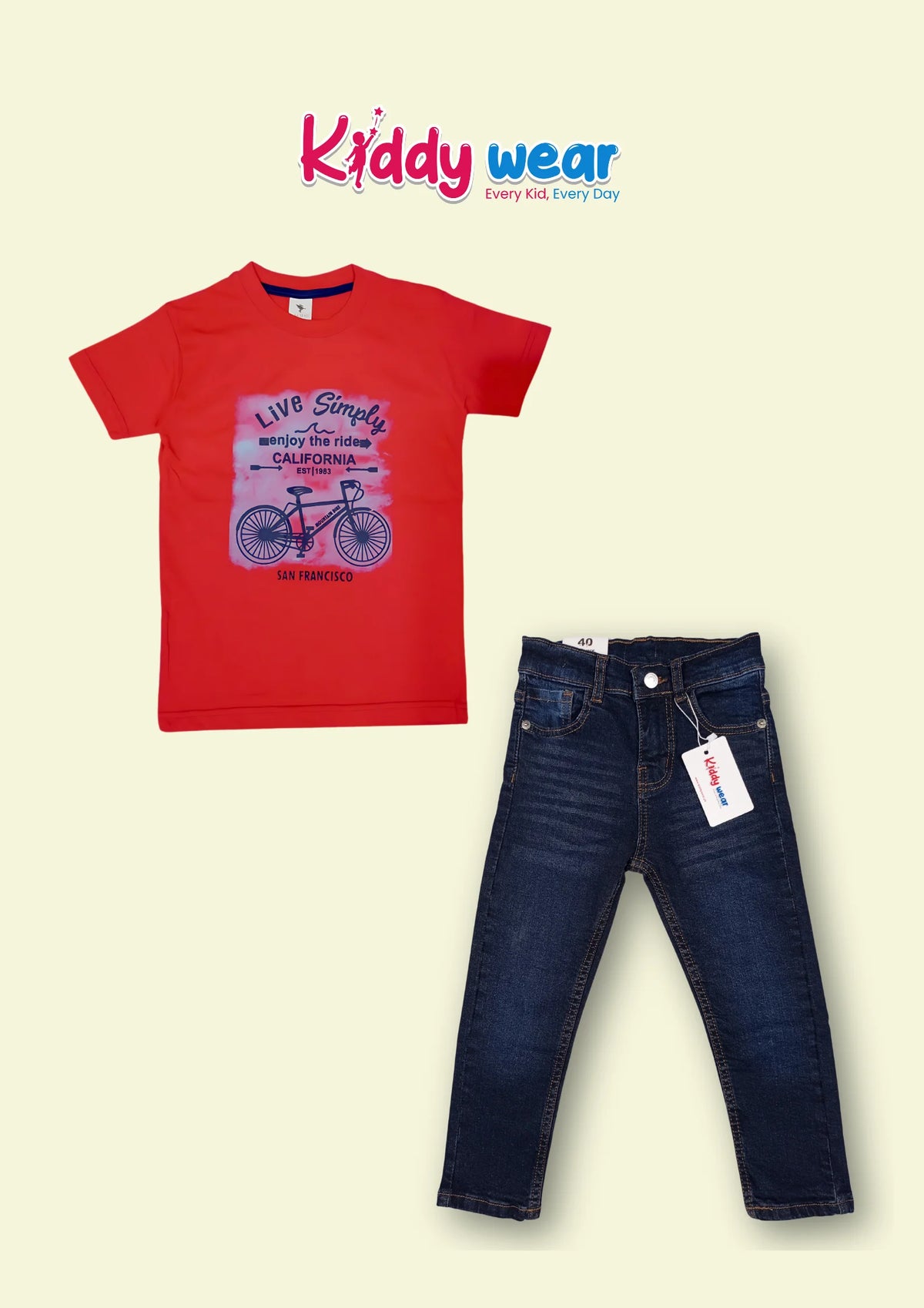 Live Simply" Bicycle Graphic Red Tee & Dark Blue Jeans Set