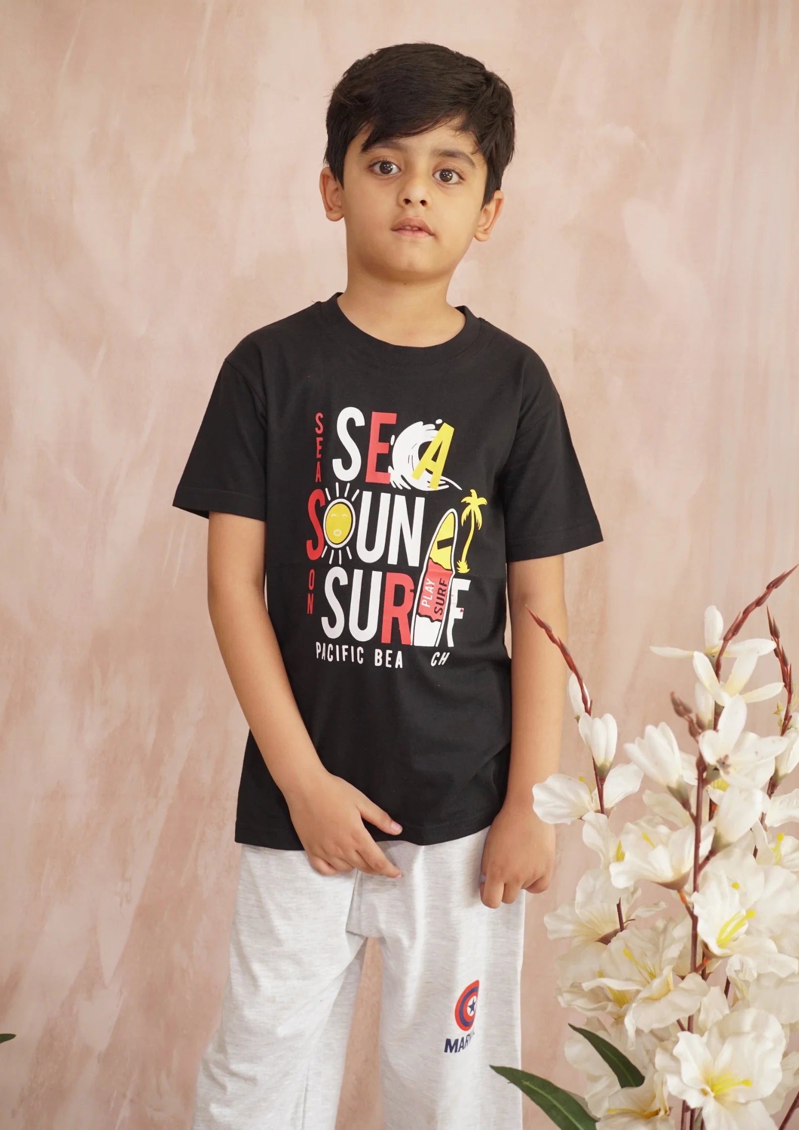 "Sea Sound Surf" Kids' Black T-Shirt