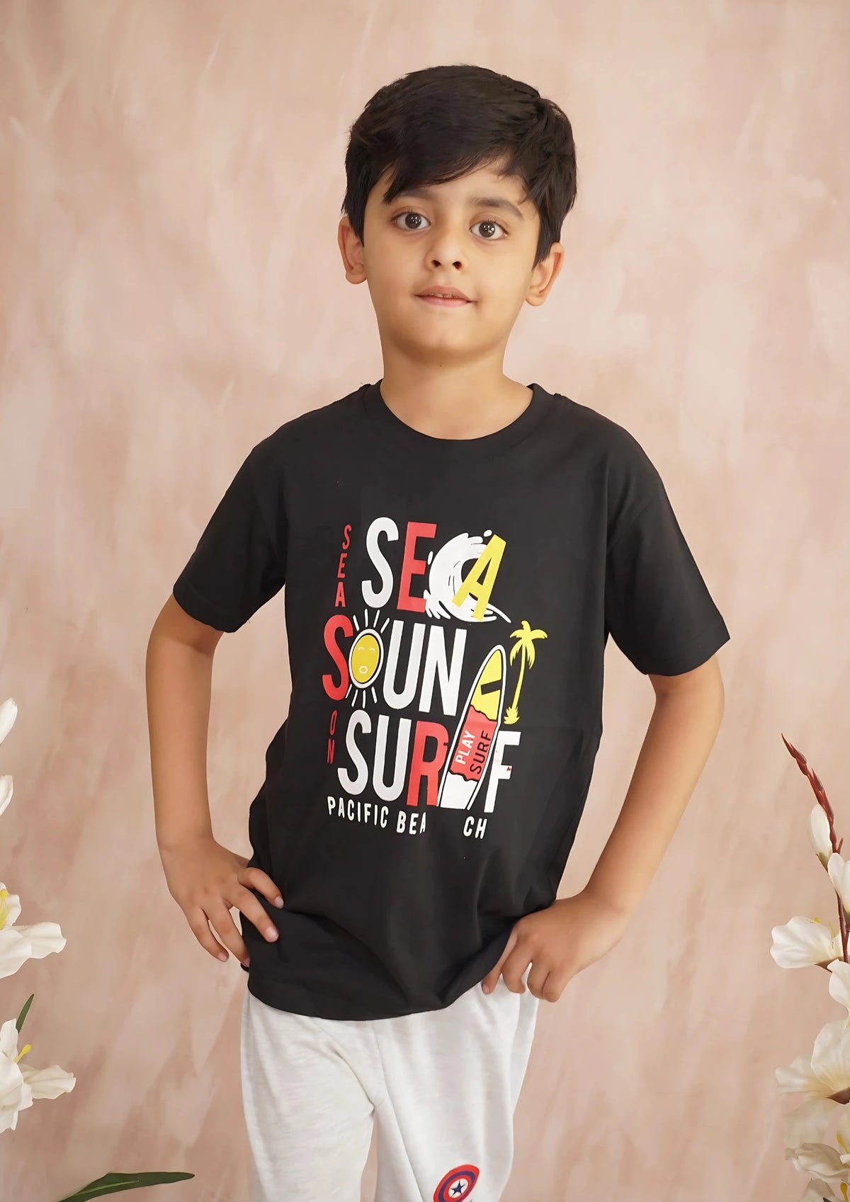 "Sea Sound Surf" Kids' Black T-Shirt