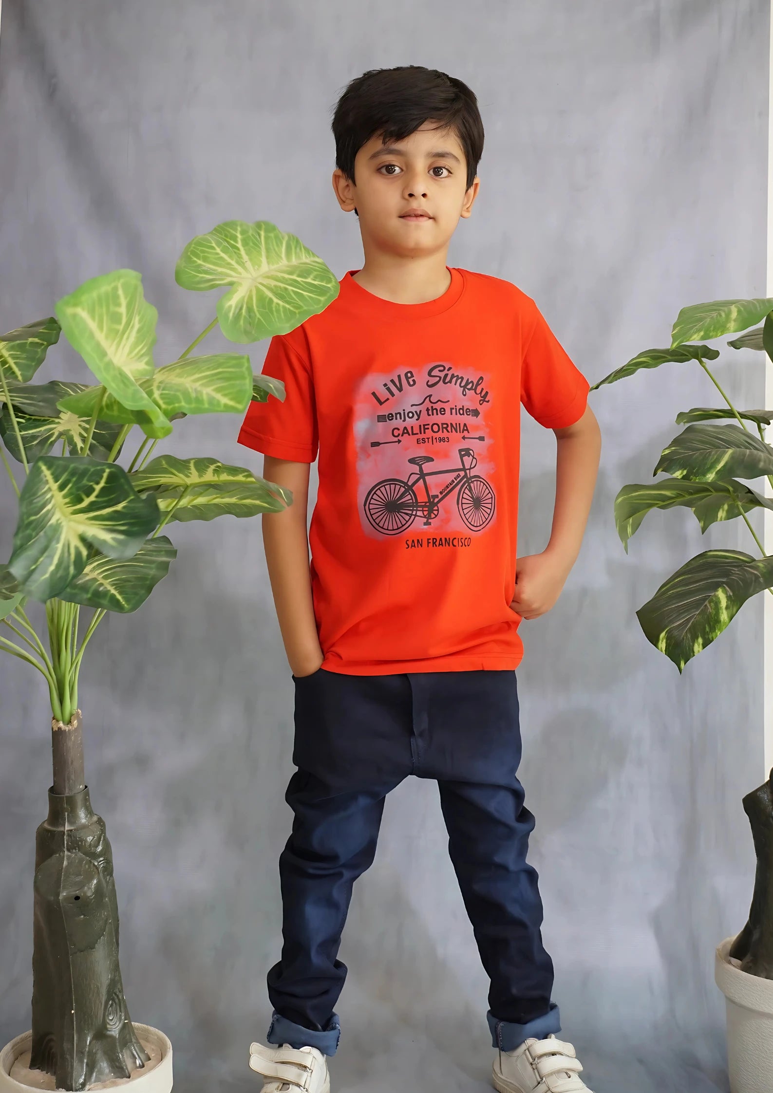 Live Simply" Bicycle Graphic Red Tee & Grey Jeans Set