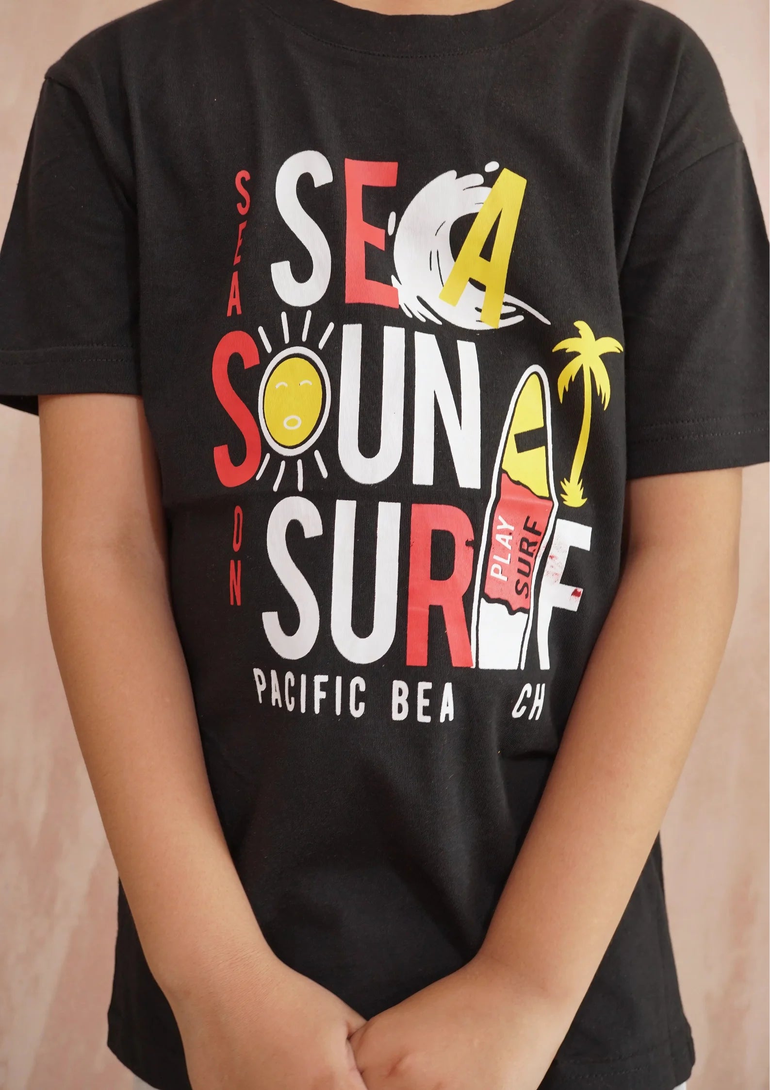 "Sea Sound Surf" Kids' Black T-Shirt