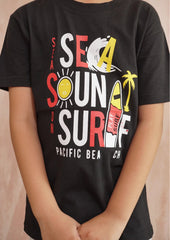 "Sea Sound Surf" Kids' Black T-Shirt